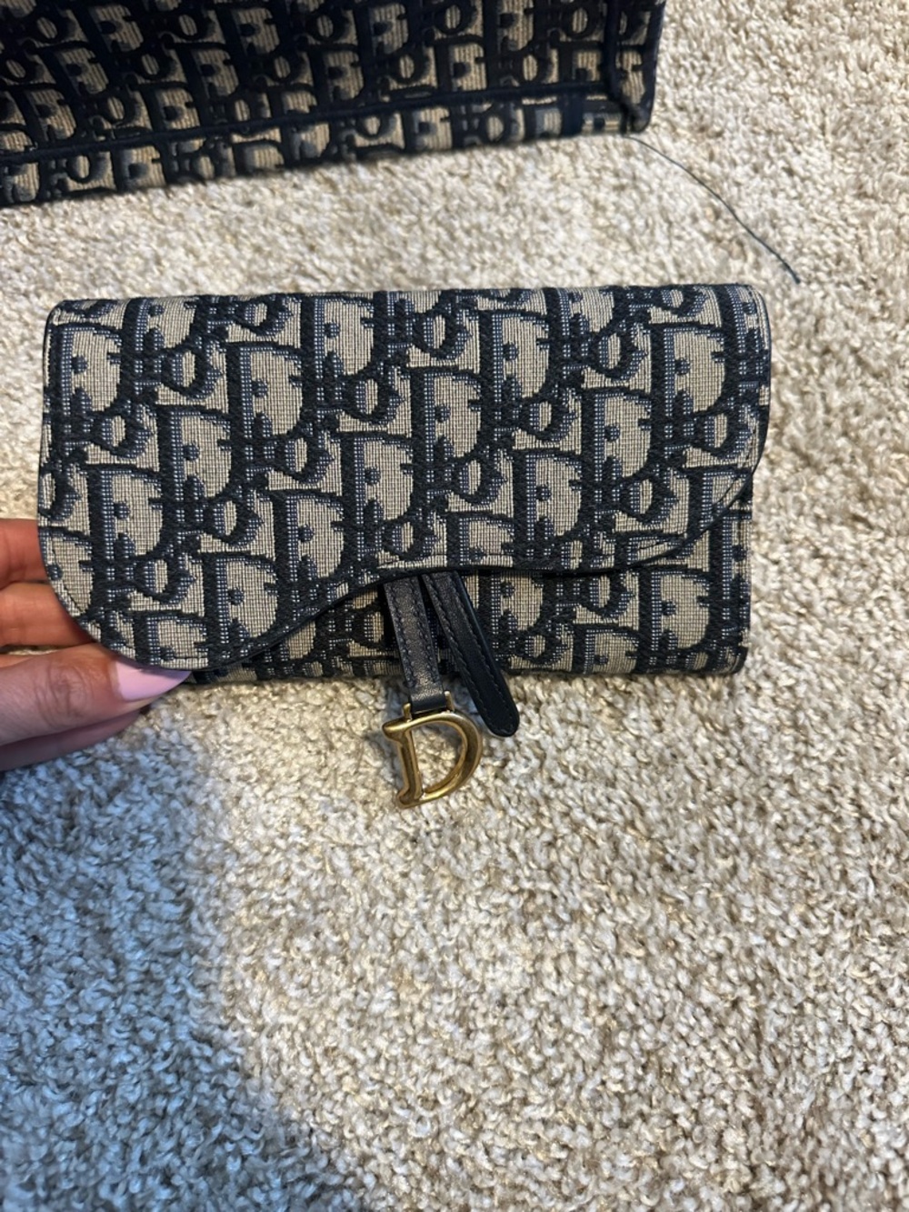 Dior Monogram Canvas Fold Wallet in Navy and Beige with Gold D Charm